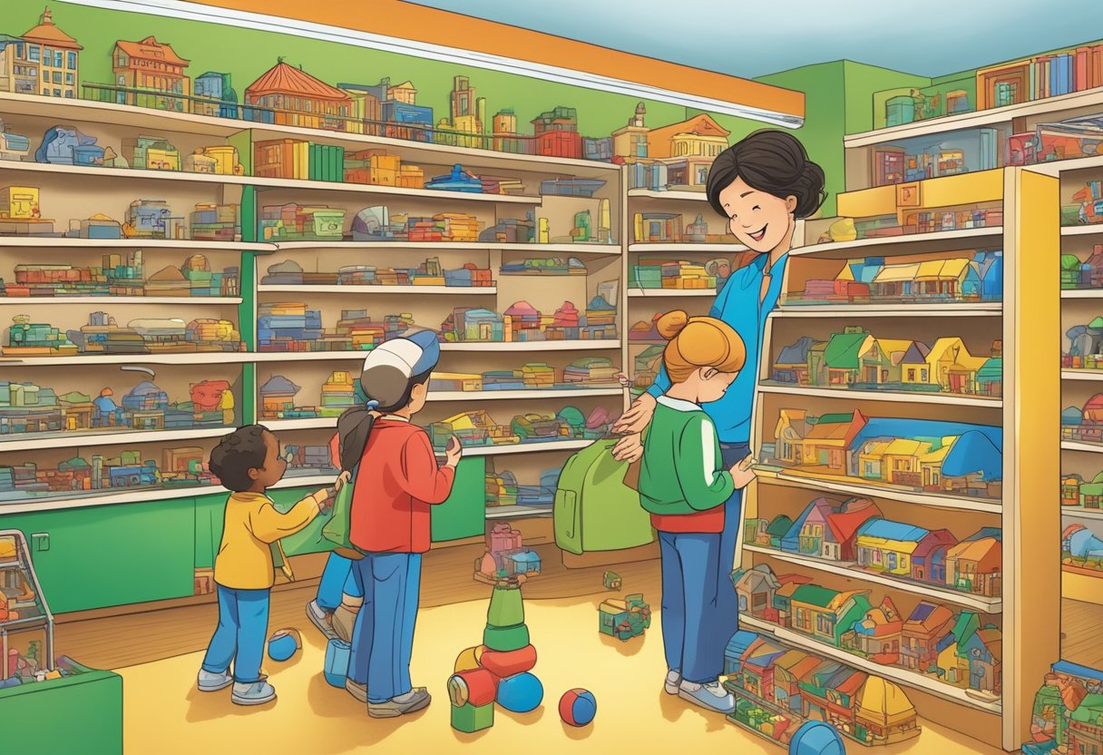 Children excitedly explore shelves, filled with colorful toys and games. A friendly salesperson assists a family, while a group of kids test out a new train set
