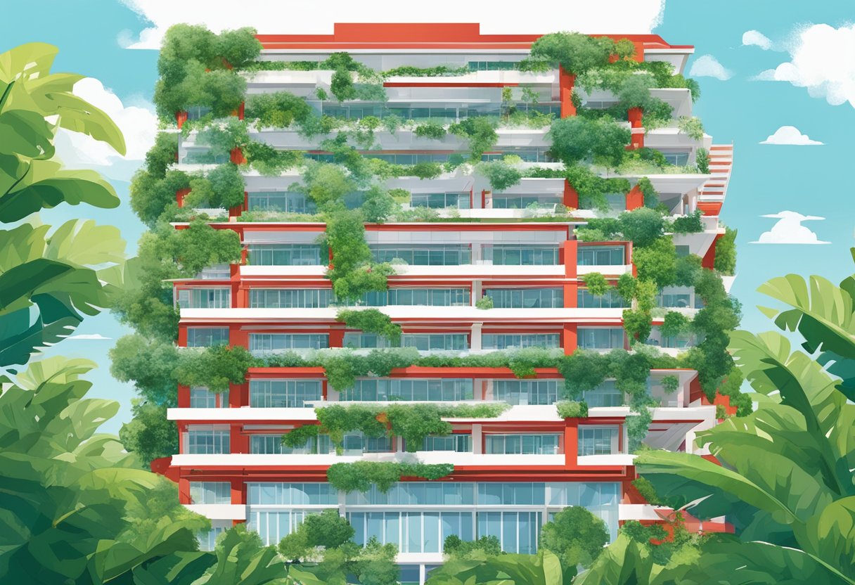 The iconic red and white facade of RELC Singapore stands tall against a backdrop of lush greenery, with a clear blue sky overhead