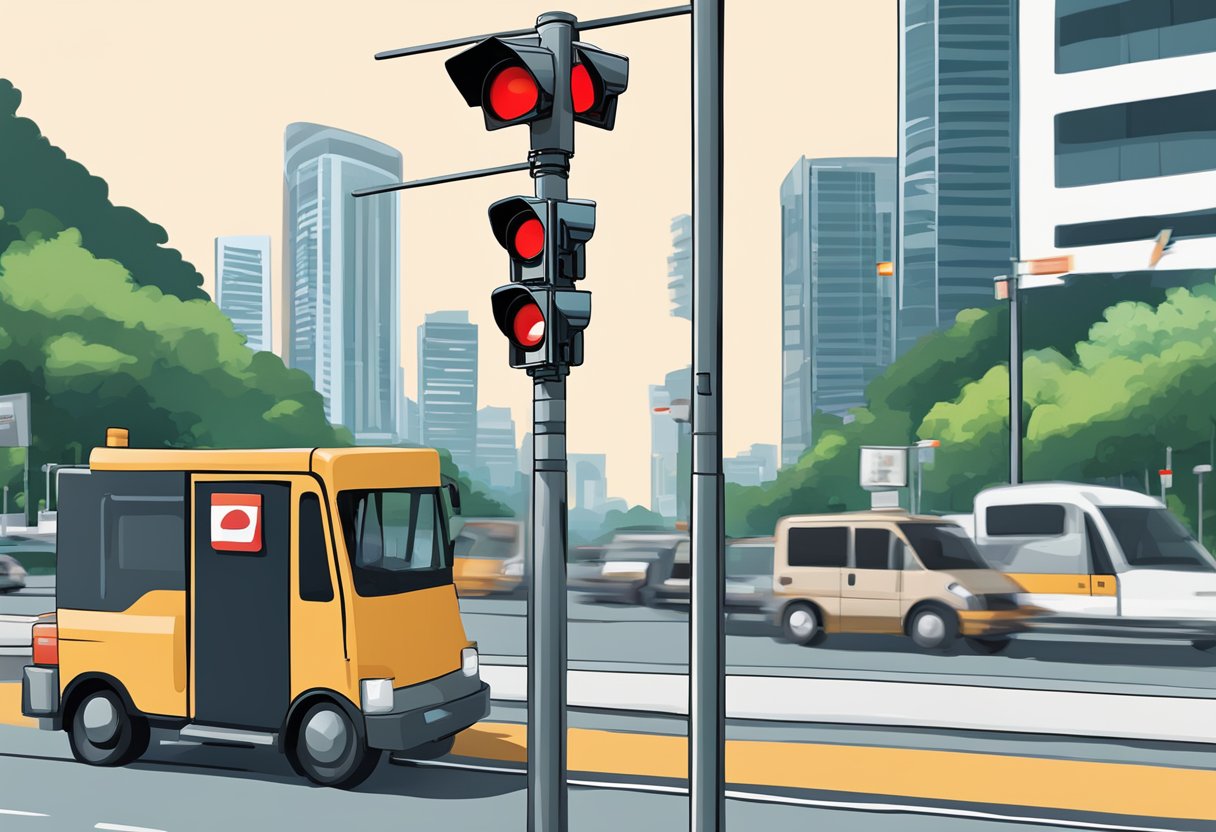A red light camera mounted on a traffic signal pole, capturing vehicles at an intersection in Singapore