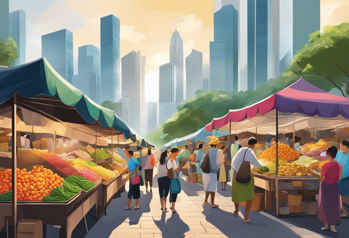 A bustling street market with colorful stalls and exotic aromas, surrounded by towering skyscrapers in the heart of Sabar Singapore