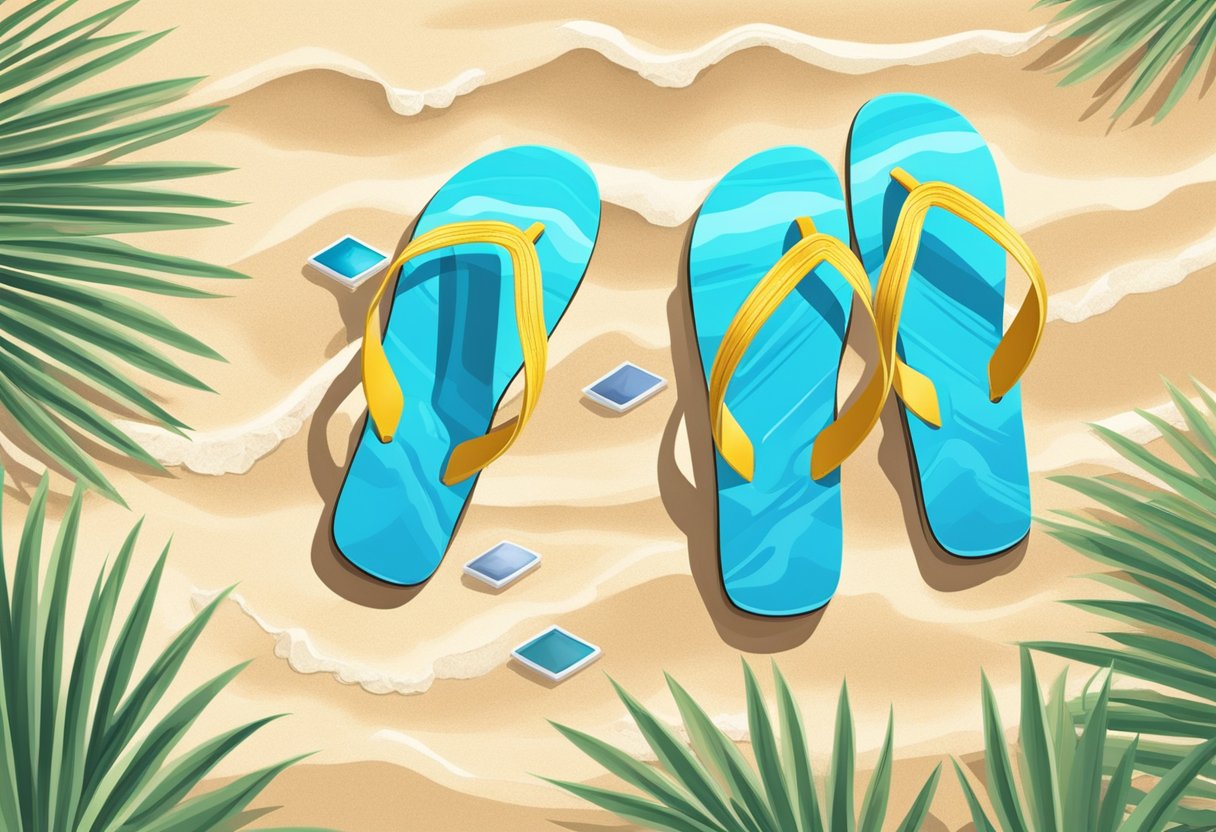 A pair of colorful sandals rests on a sandy beach in Singapore, surrounded by palm trees and the clear blue waters of the ocean