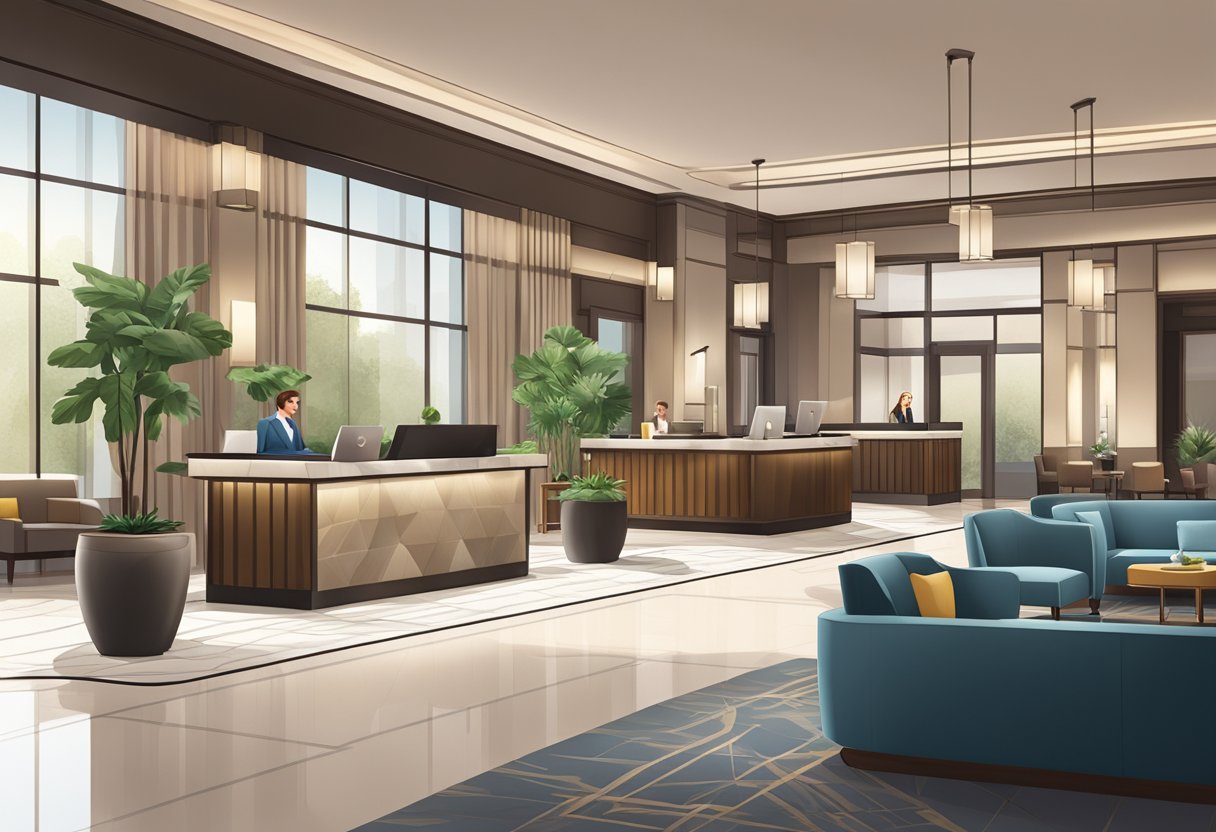 A modern hotel lobby with sleek furniture, a check-in desk, and a cozy lounge area. A concierge assists guests while others relax in the stylish surroundings