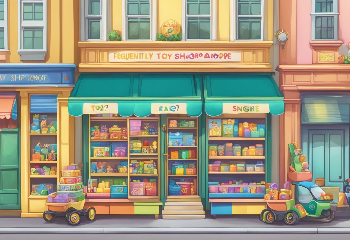 A colorful toy shop with shelves stocked with various toys and a sign that reads "Frequently Asked Questions toy shop Singapore."