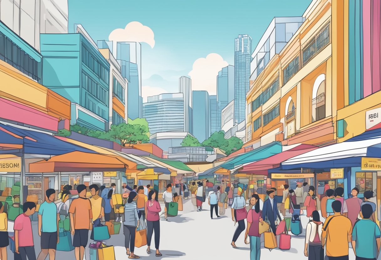 A bustling market street in Singapore, with colorful stalls and busy shoppers, showcasing the diverse customer insights of Sabar products