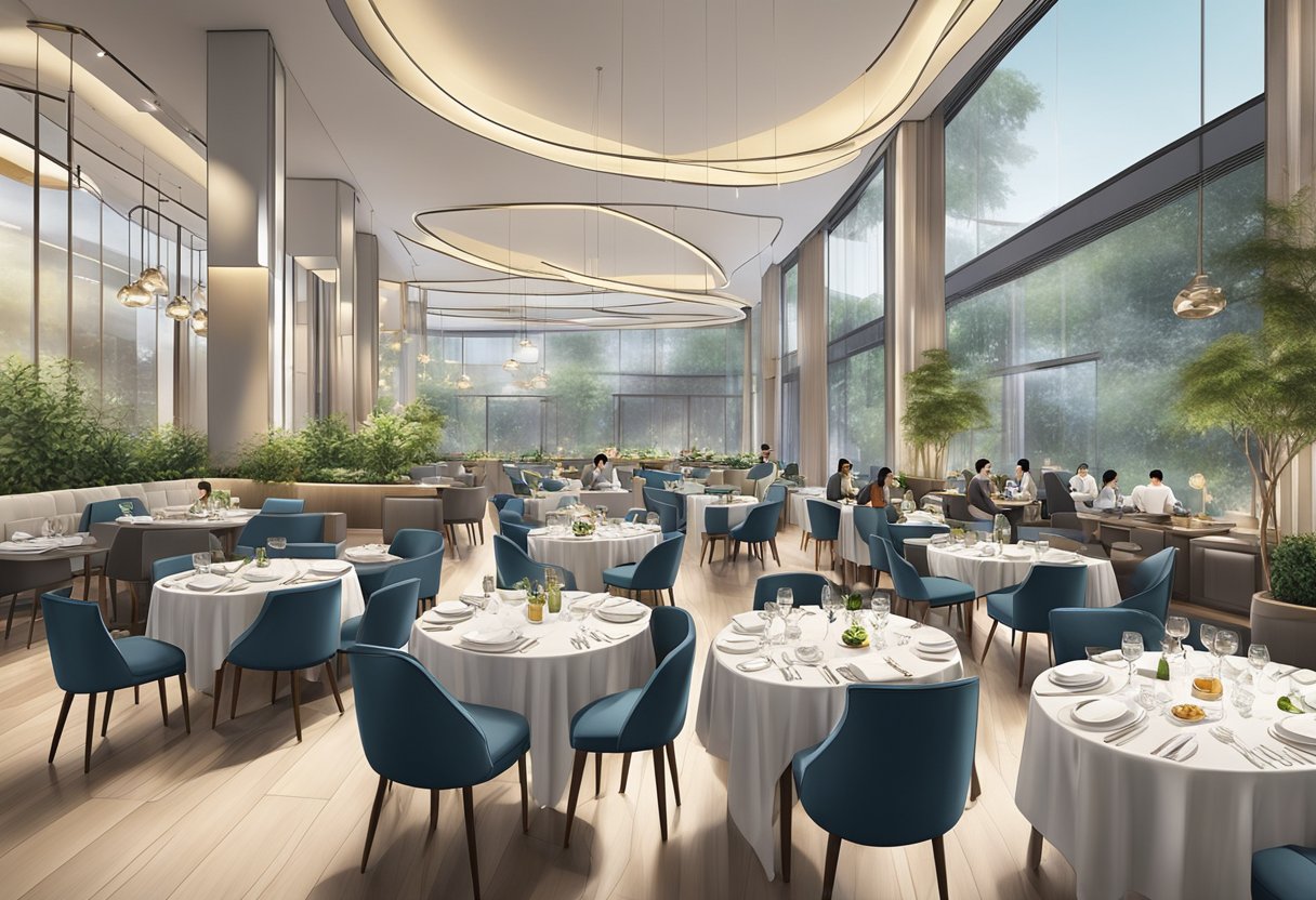 A bustling dining area with modern decor and sleek furniture, filled with patrons enjoying gourmet meals and attentive service at RELC Singapore