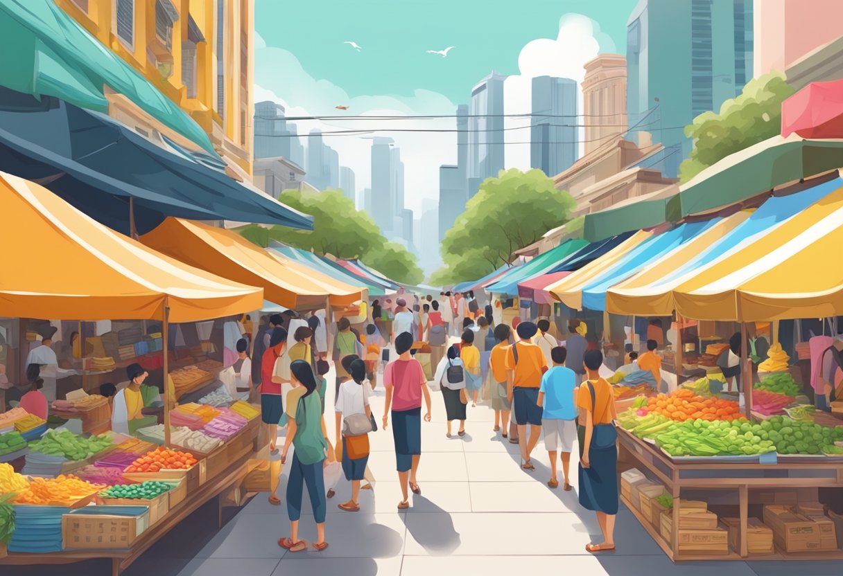 A vibrant street market in Singapore, with colorful sandals on display, surrounded by bustling crowds and traditional architecture