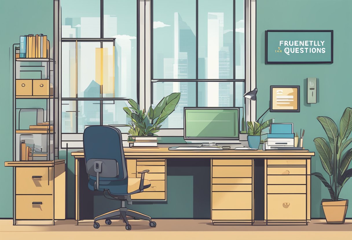 A desk with a computer, chair, and a sign that reads "Frequently Asked Questions - RELC Singapore."