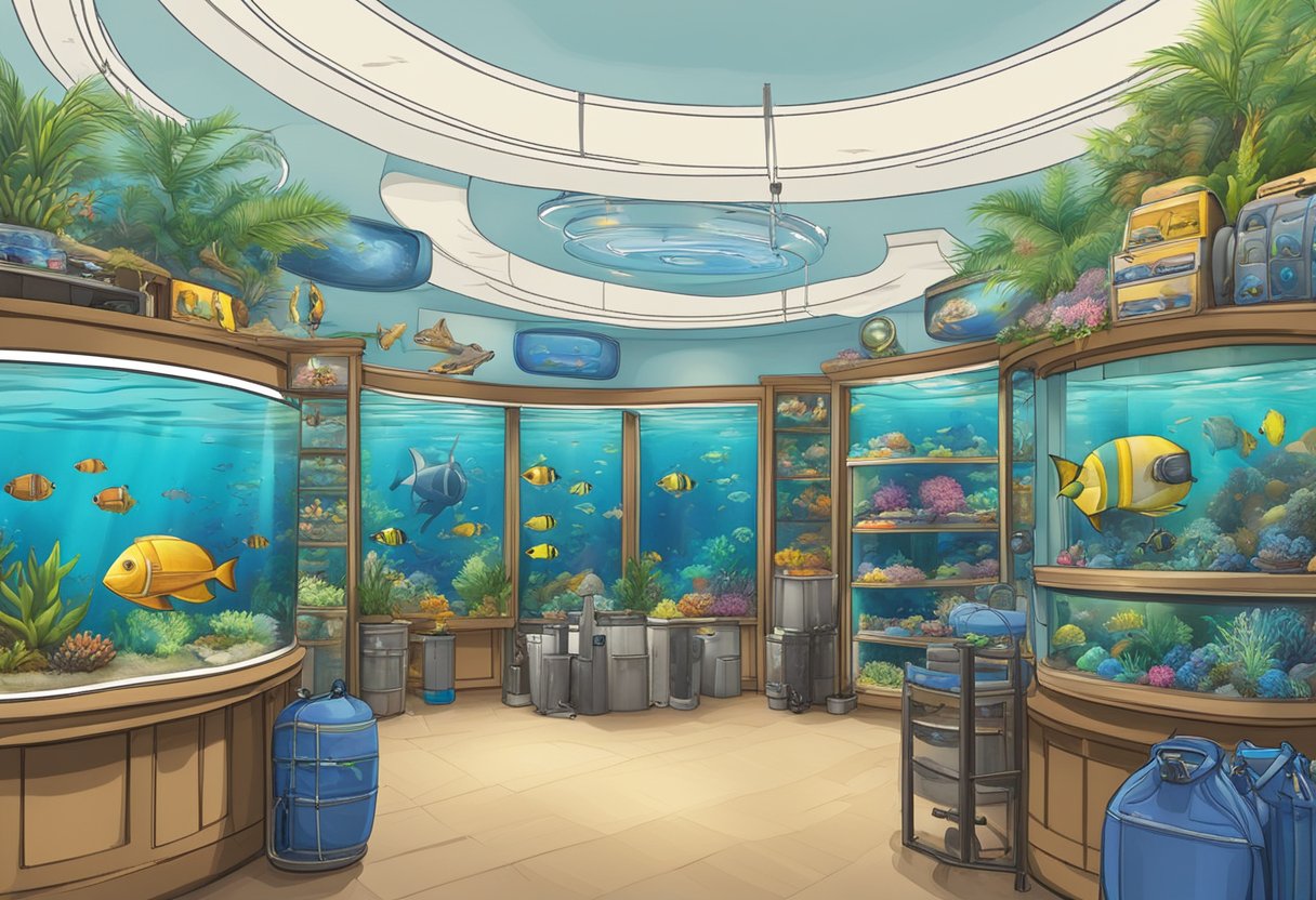 A scuba shop in Singapore with colorful displays of diving equipment and tanks, a knowledgeable staff assisting customers, and a backdrop of tropical underwater scenes