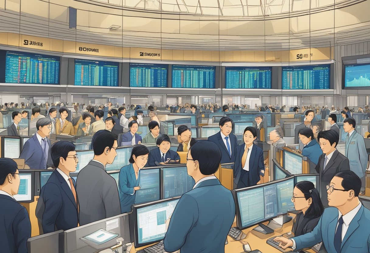 A group of people eagerly discussing and trading Singapore Airlines shares in a bustling stock exchange