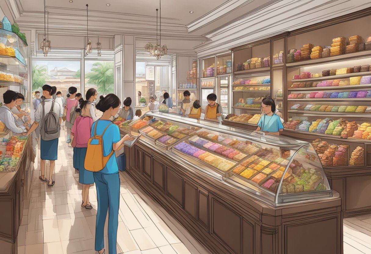 A bustling Venchi chocolate shop in Singapore, with colorful displays and a crowd of customers sampling and purchasing sweet treats