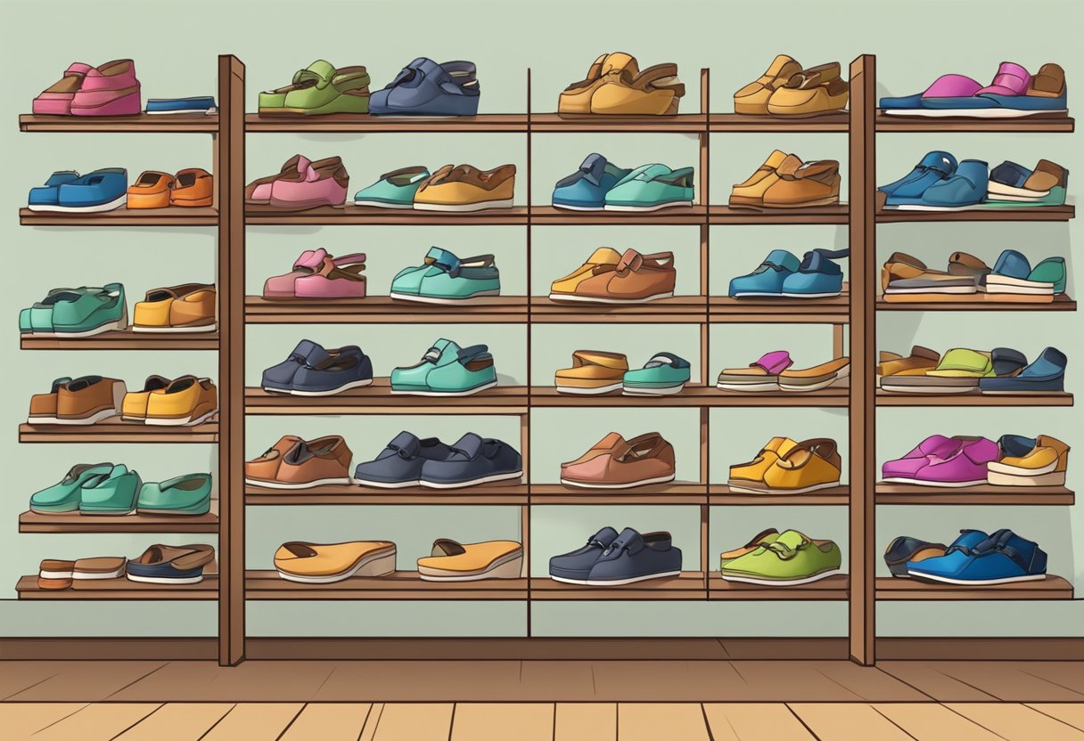 A colorful display of sandals in a Singaporean shop, with shelves neatly organized and various styles and sizes available for customers to browse