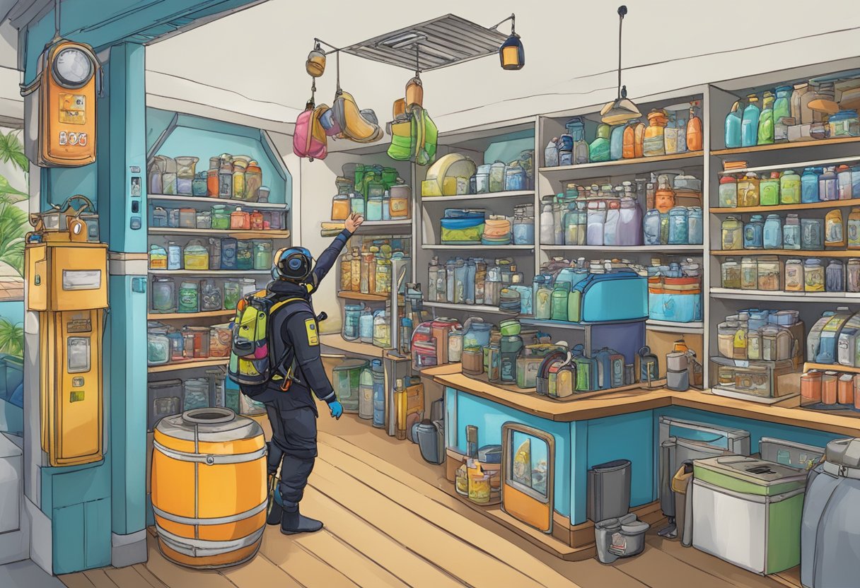 A diver points to a well-stocked scuba shop in Singapore, with colorful equipment and friendly staff welcoming customers