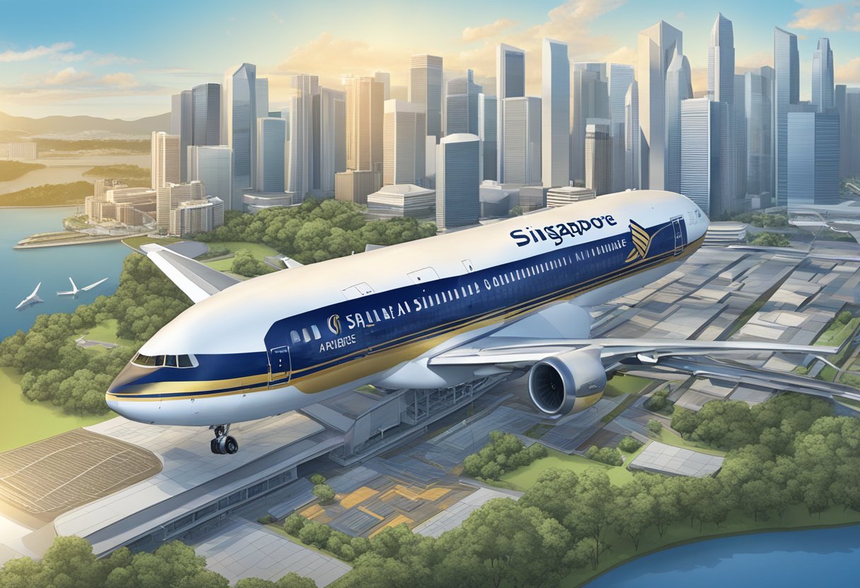 Aerial view of Singapore Airlines headquarters with logo, stock market chart, and global map in the background