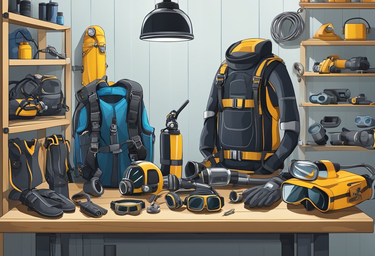 Scuba gear laid out on a workbench, tools and equipment neatly organized, technician inspecting and servicing diving equipment in a well-lit workshop