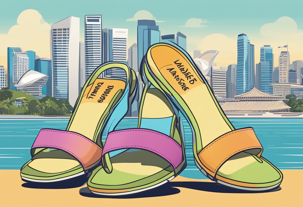 A pair of sandals with the words "Frequently Asked Questions" displayed in bold lettering against a backdrop of the Singapore skyline