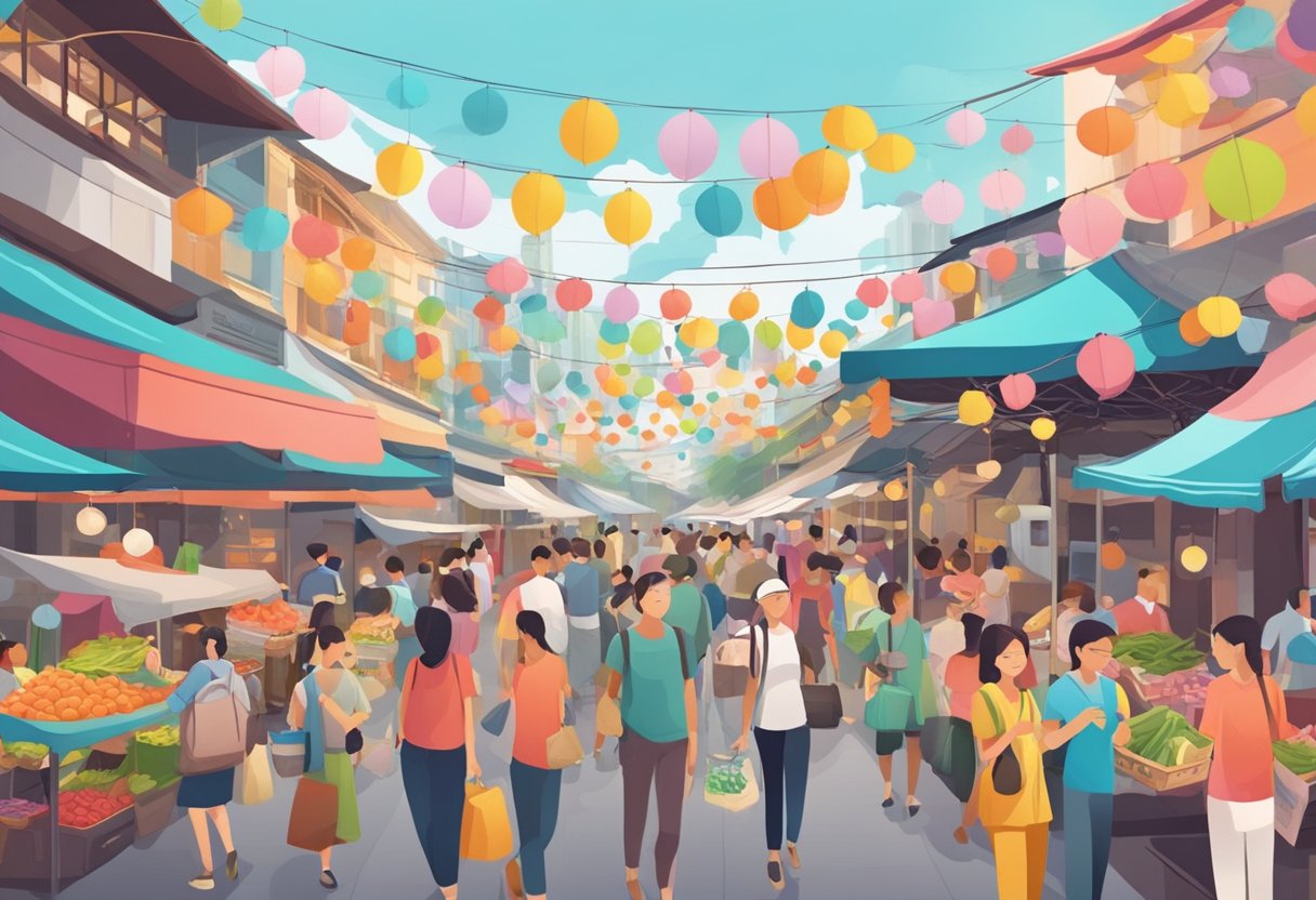A bustling street market in Singapore with colorful banners and crowded stalls