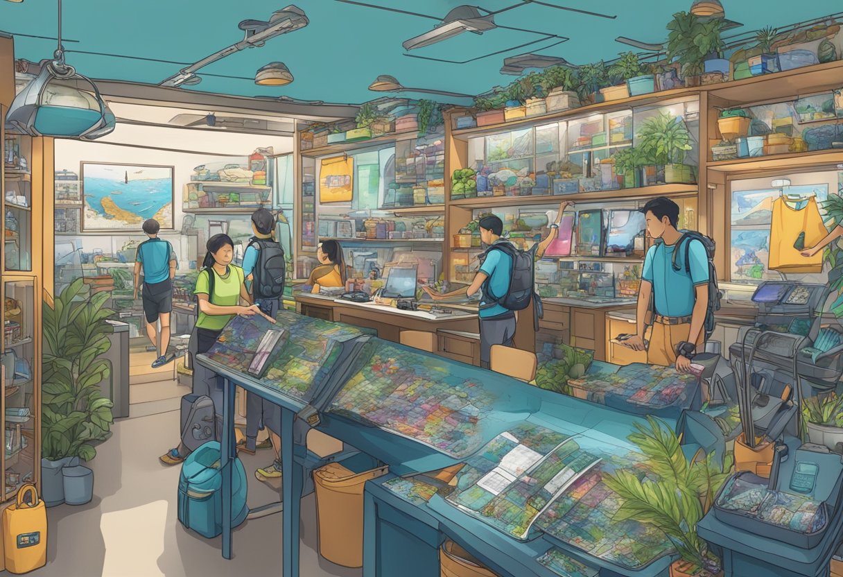 A bustling scuba shop in Singapore with colorful diving equipment, maps, and signage. Customers browse, while staff assist and answer questions