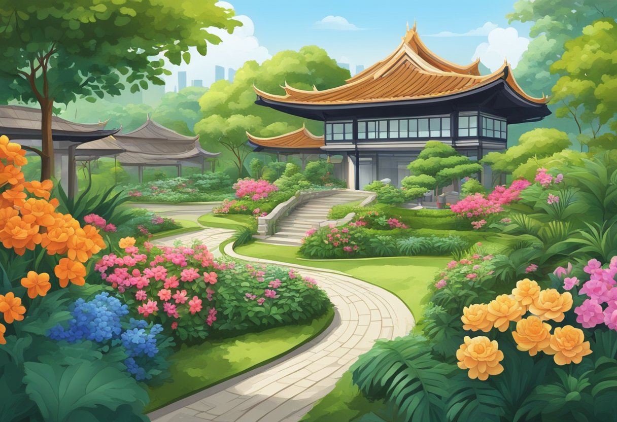 A lush garden with vibrant flowers and winding pathways, surrounded by traditional Singaporean architecture