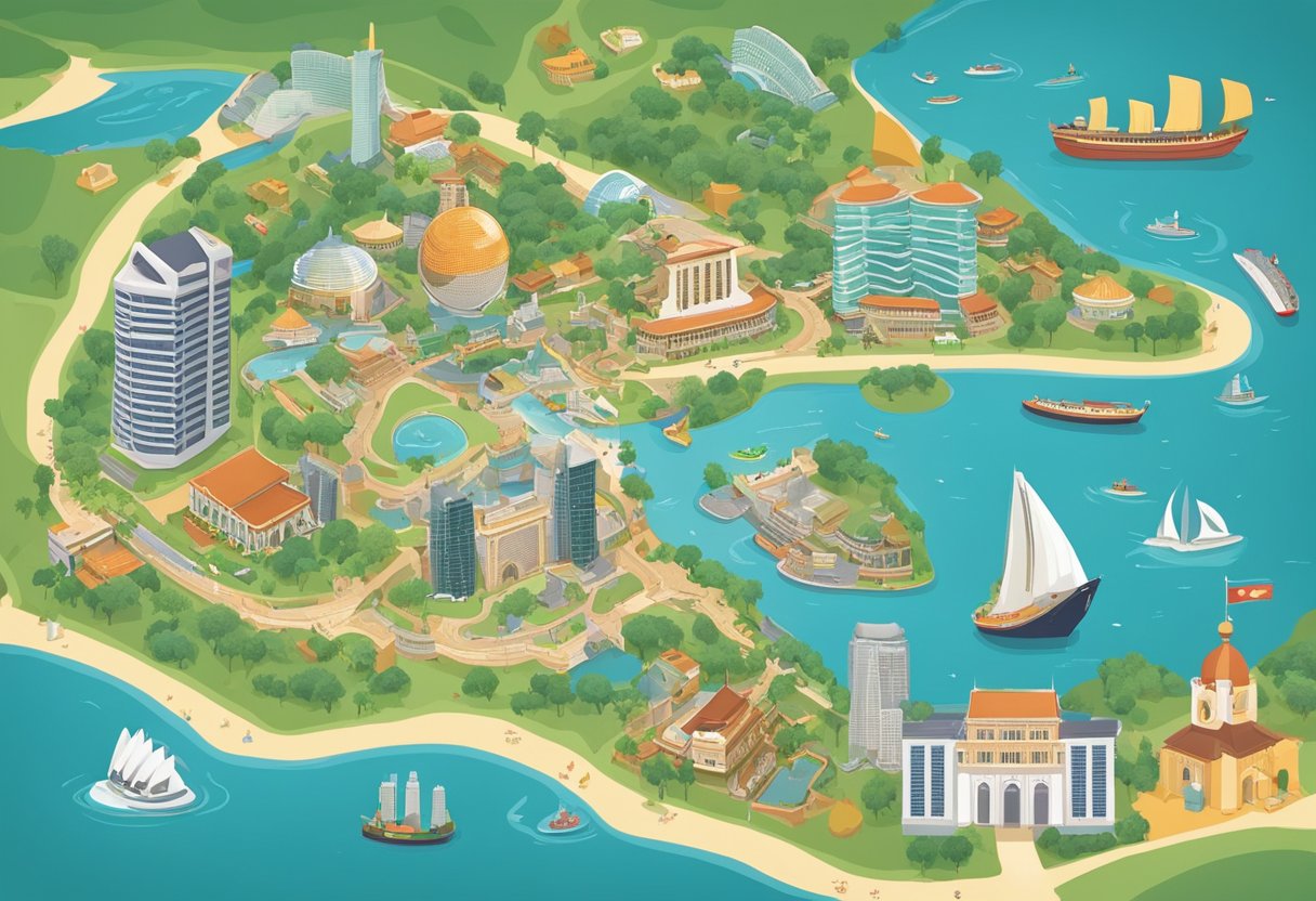 A colorful map of Singapore with landmarks and attractions, surrounded by informational brochures and a friendly staff member assisting visitors
