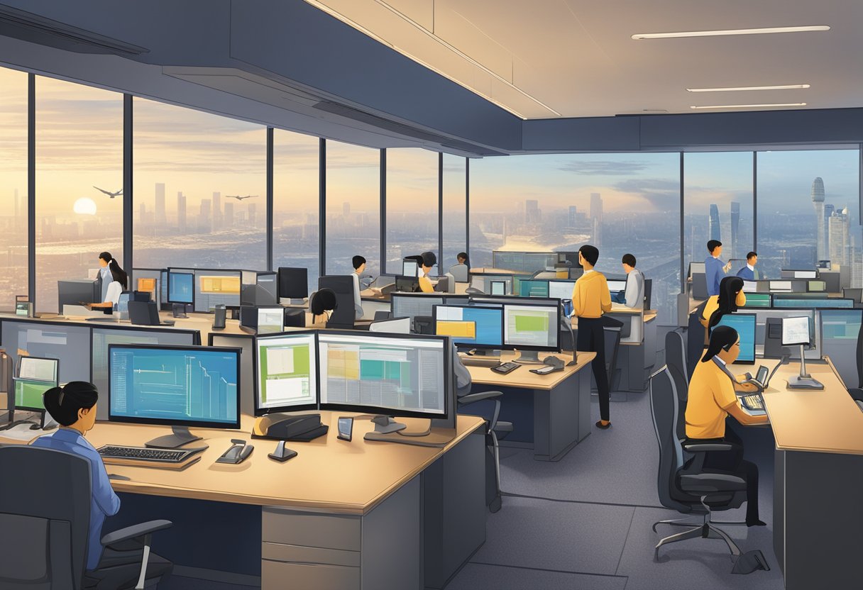 A bustling office with employees working at their desks, computers, and phones. Singapore Airlines logo prominently displayed. Stocks ticker showing "Singapore Airlines shares" rising