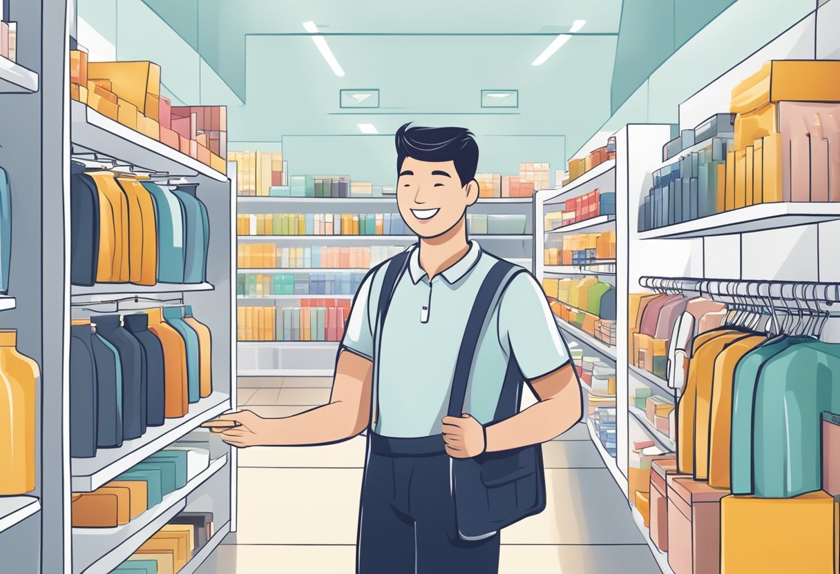 A customer is smiling as they receive assistance in a modern store in Singapore. The bright, clean space is filled with sleek, high-quality products