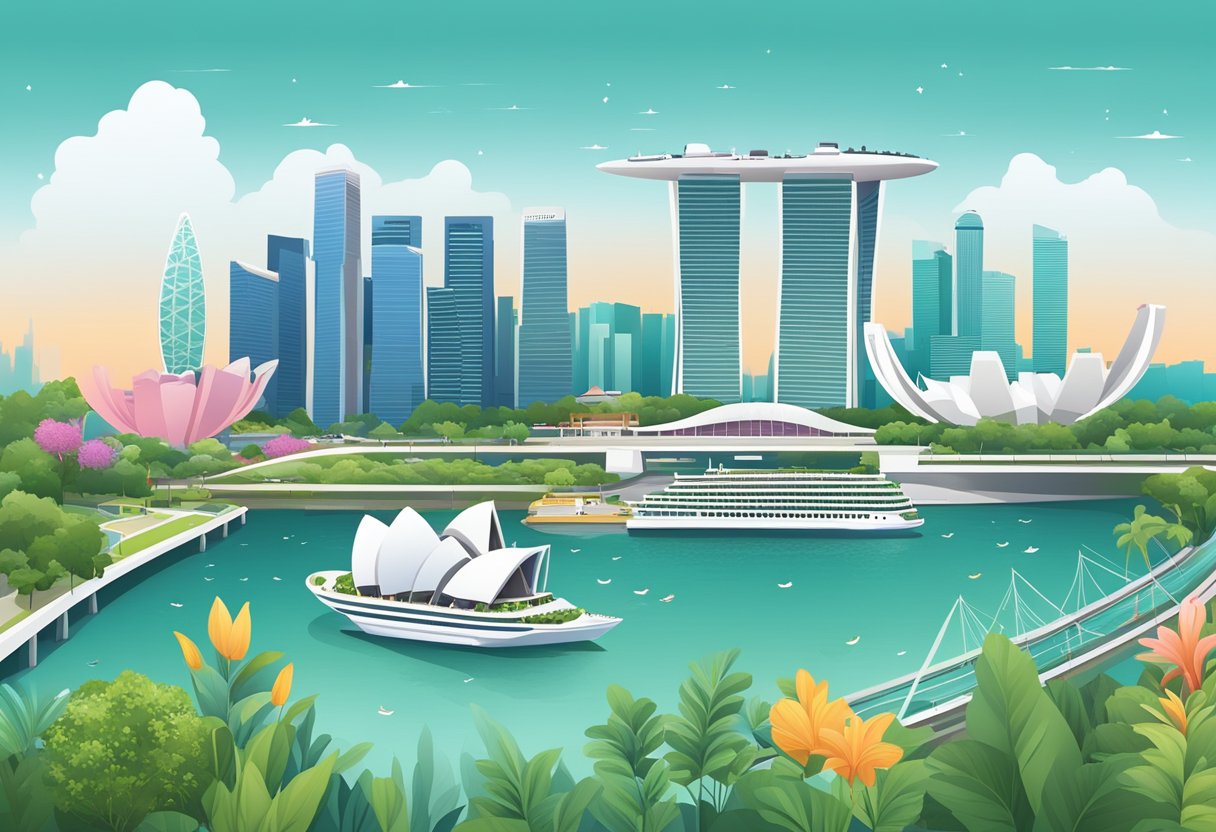 The skyline of Singapore with iconic landmarks such as the Marina Bay Sands, Gardens by the Bay, and the Singapore Flyer