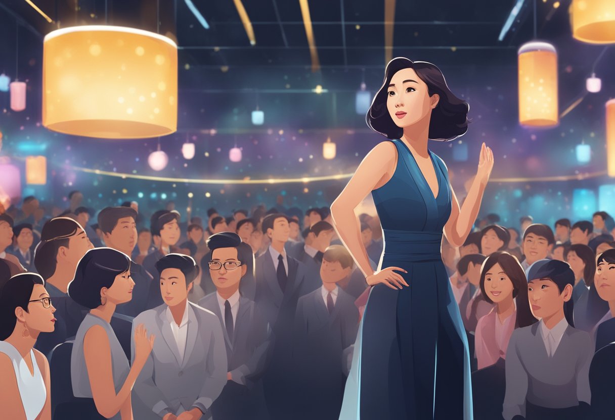 A Singapore actress stands confidently on a stage, surrounded by bright lights and a captivated audience