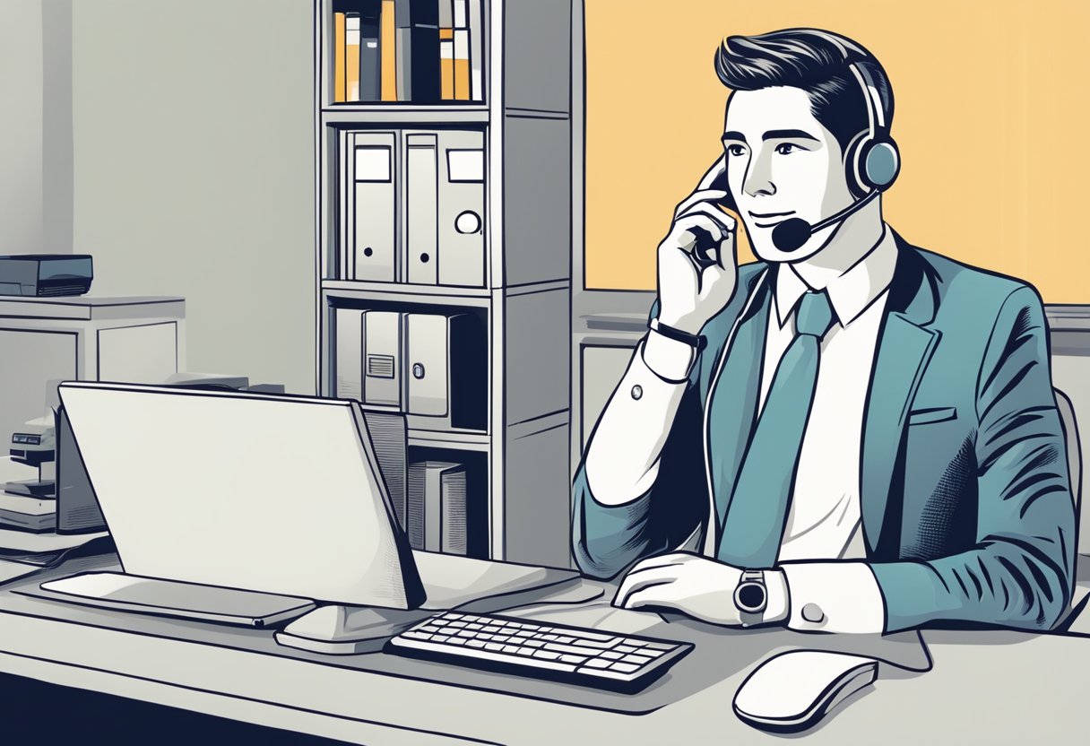 A customer service representative answering questions at a desk with a computer and phone