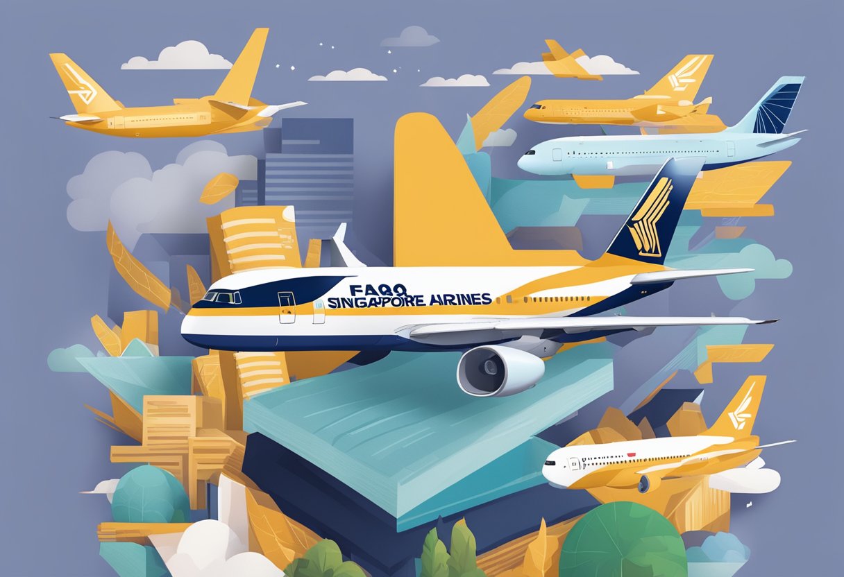 A stack of FAQ brochures with the Singapore Airlines logo, surrounded by curious travelers
