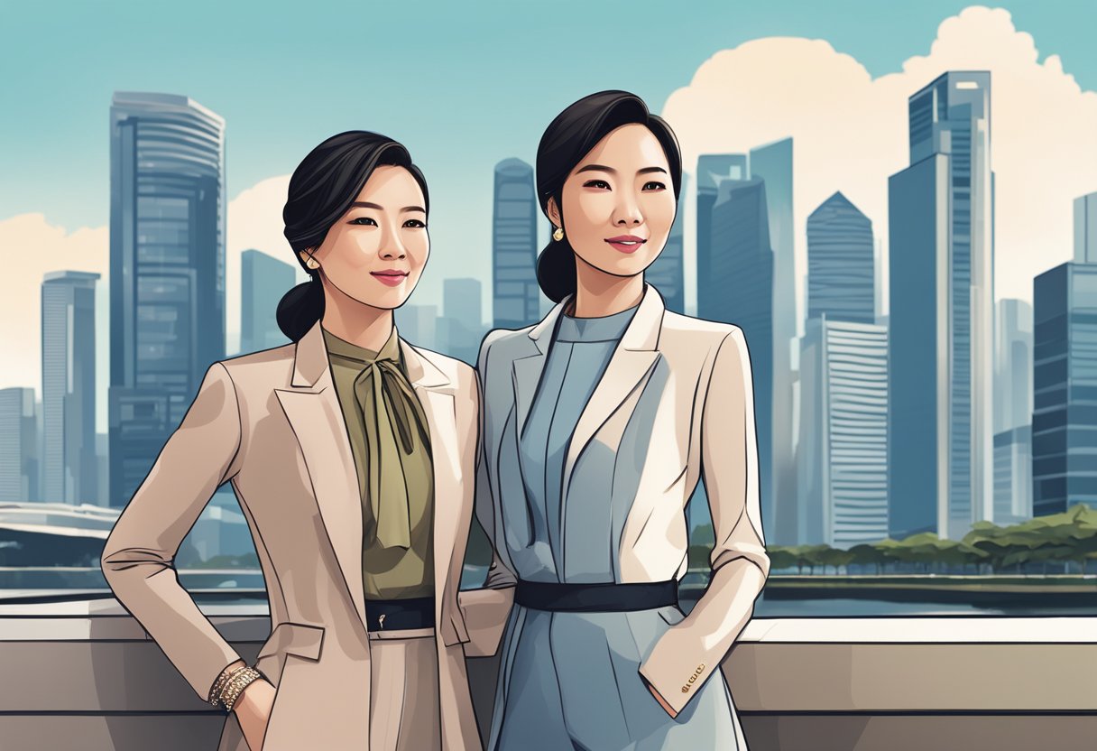 Two Singaporean actresses stand side by side, exuding confidence and elegance. They are dressed in stylish and modern attire, with a backdrop of the city skyline behind them