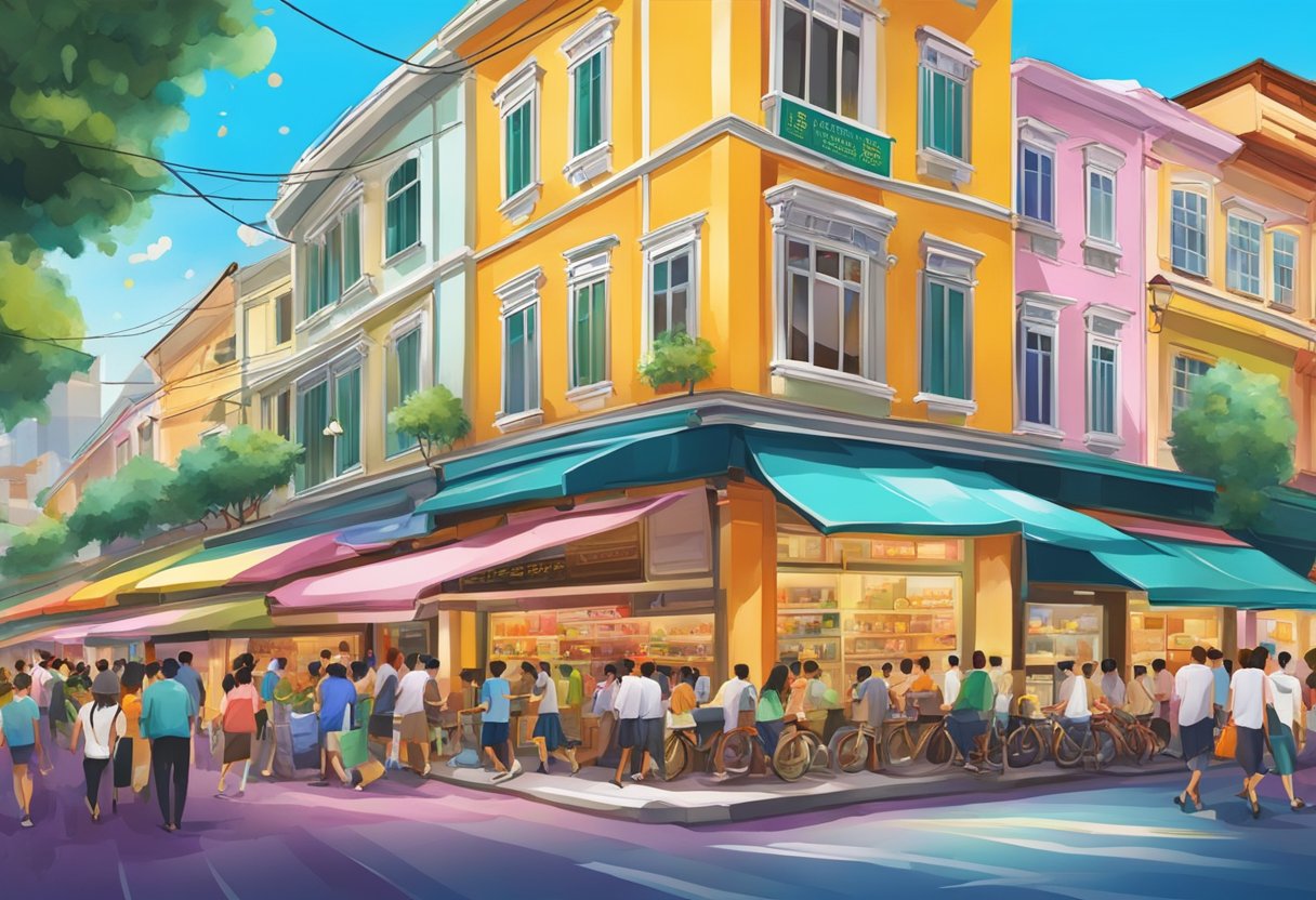 A bustling street in Singapore with the iconic Venchi storefront, surrounded by vibrant colors and bustling activity