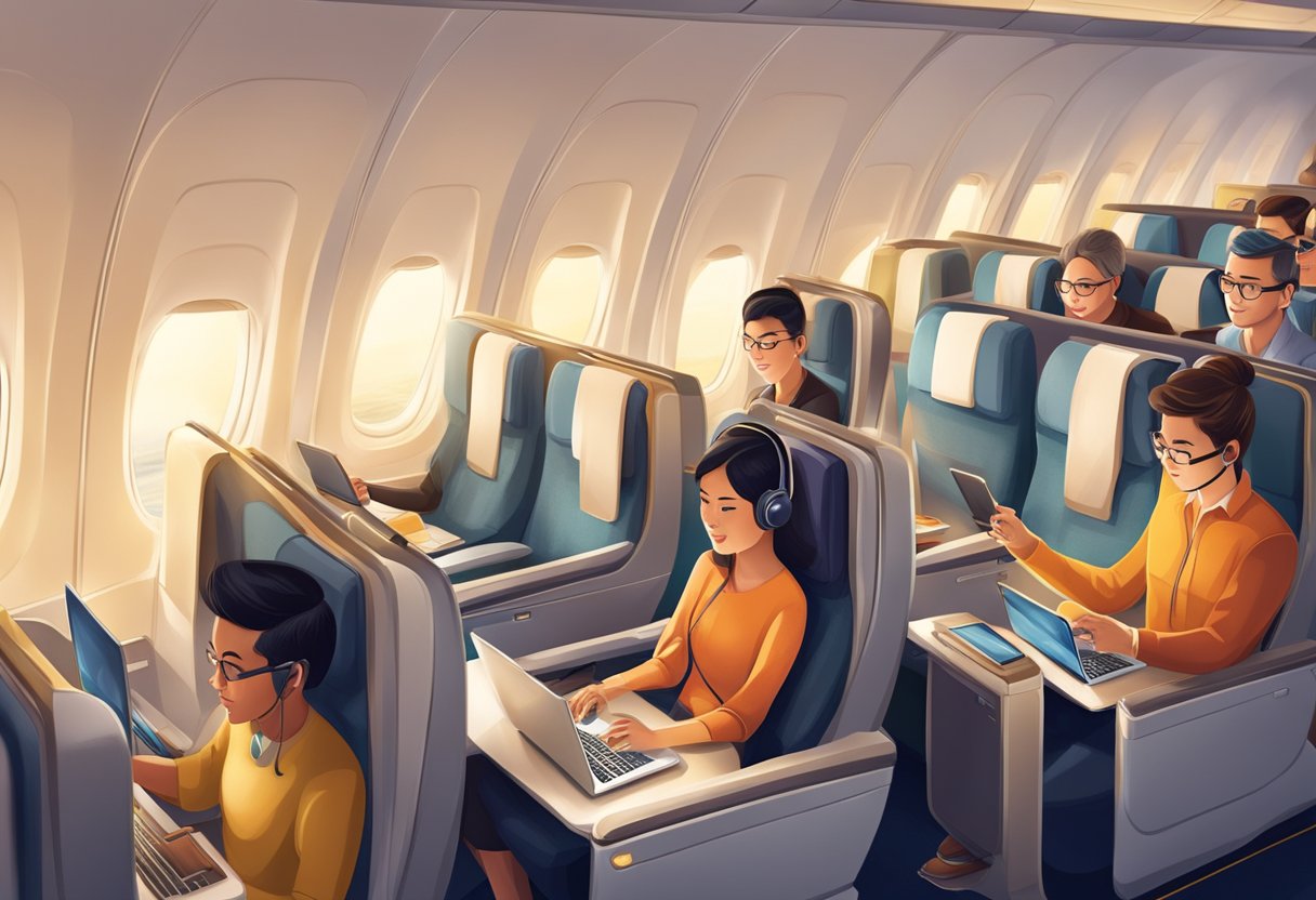 Passengers on a Singapore Airlines flight using wifi, with laptops and mobile devices, browsing the internet or watching movies