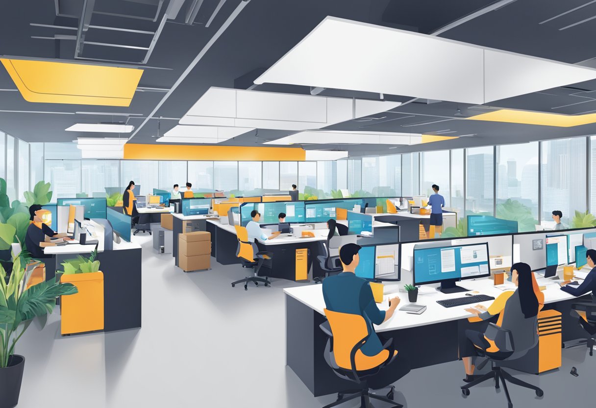 A bustling office in 3M Singapore, with employees collaborating and working diligently at their desks, surrounded by innovative technology and vibrant company branding