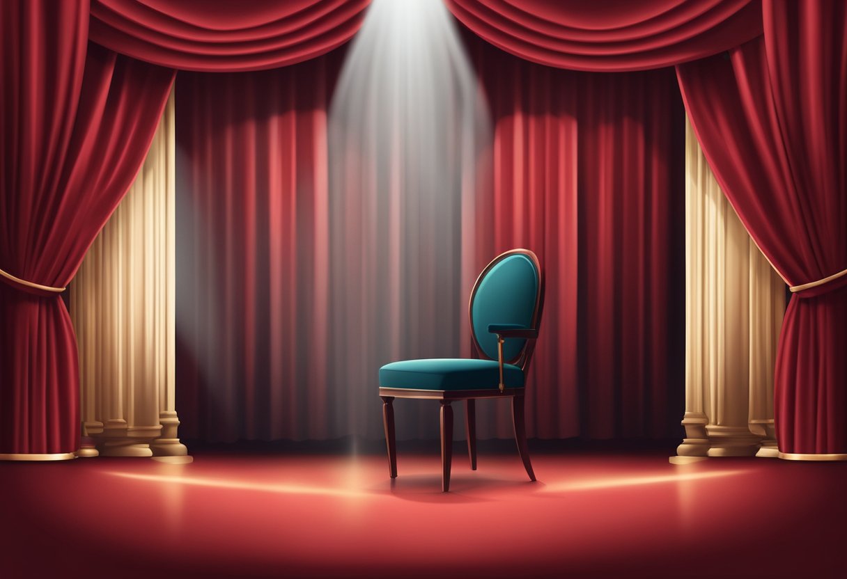 A spotlight illuminates a stage, with a microphone and empty chair center stage. A red velvet curtain hangs in the background, adding a touch of elegance to the scene