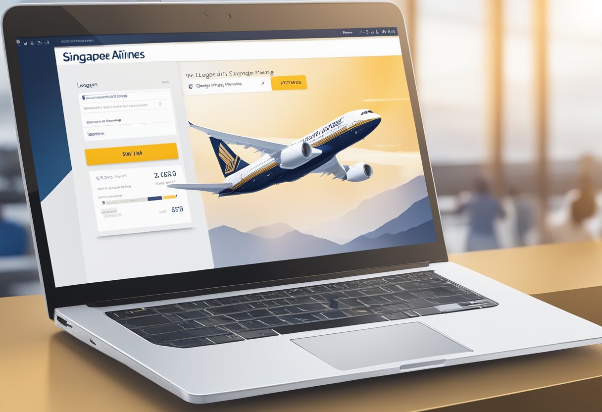 A laptop displaying Singapore Airlines' Wi-Fi login page with a signal strength indicator and the airline's logo