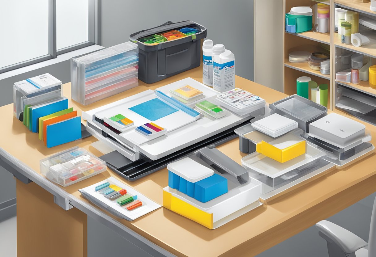 A table with various 3M products and solutions displayed in a well-lit room. The products are neatly organized and include items such as tapes, adhesives, and office supplies