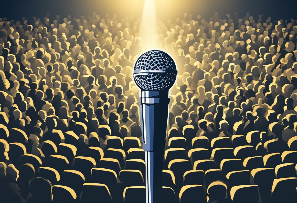 A spotlight illuminates a microphone on stage, surrounded by a crowd of question marks
