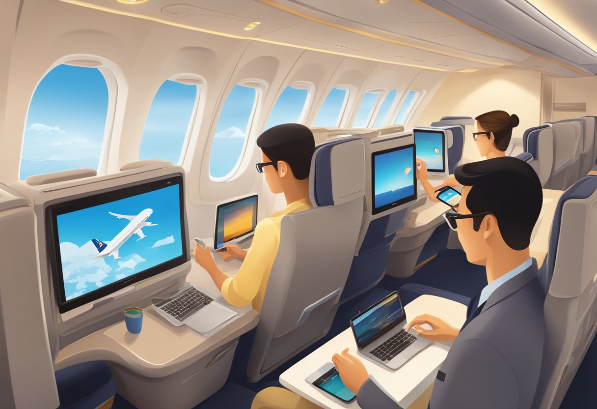 Passengers using in-flight wifi on Singapore Airlines, with devices connected and browsing the internet or working