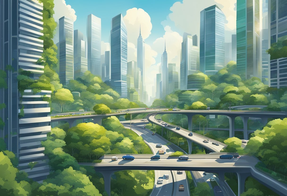 A bustling cityscape with modern skyscrapers, lush greenery, and a network of roads and bridges weaving through the urban landscape