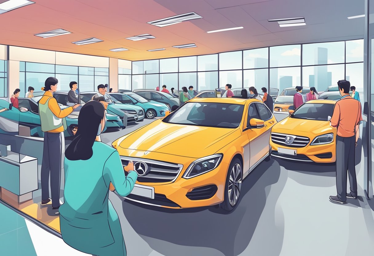 People buying and selling cars at a bustling Singapore car dealership