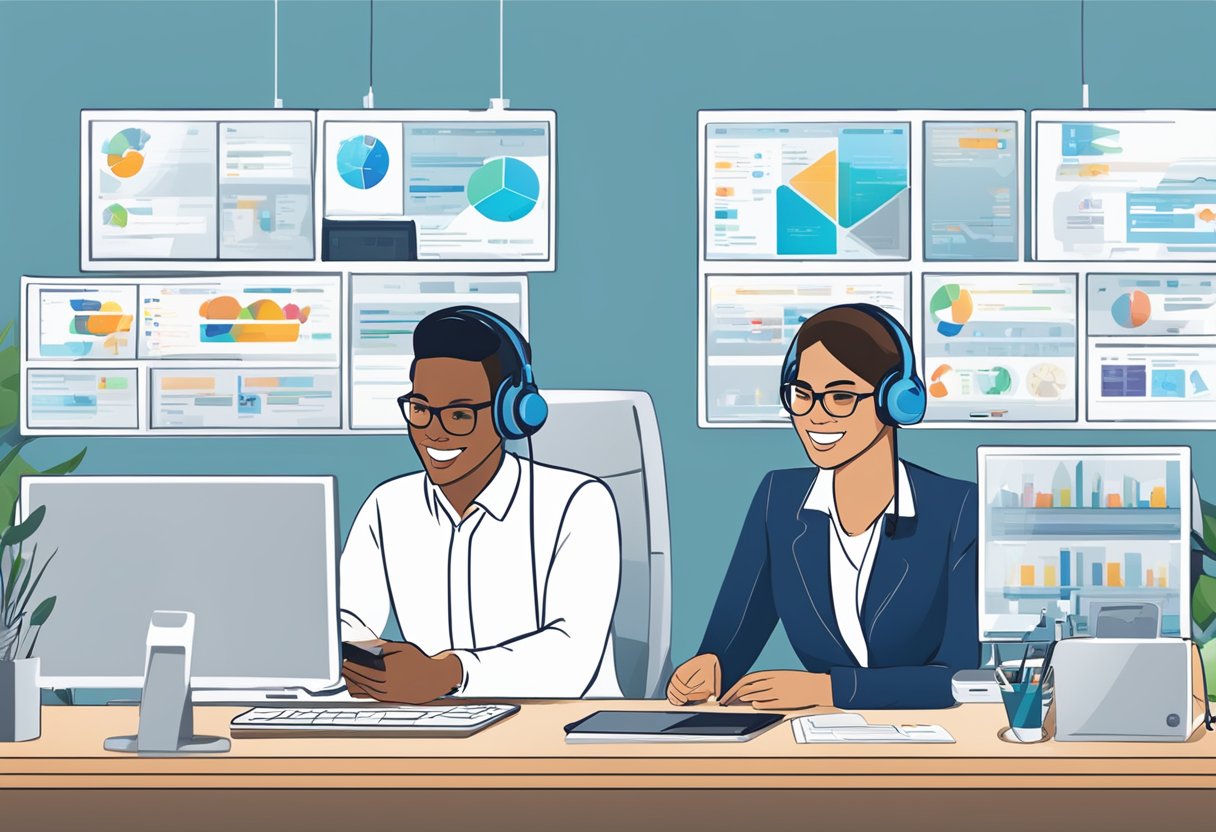 A customer service representative assists a client with a smile, surrounded by screens displaying 3M products and solutions