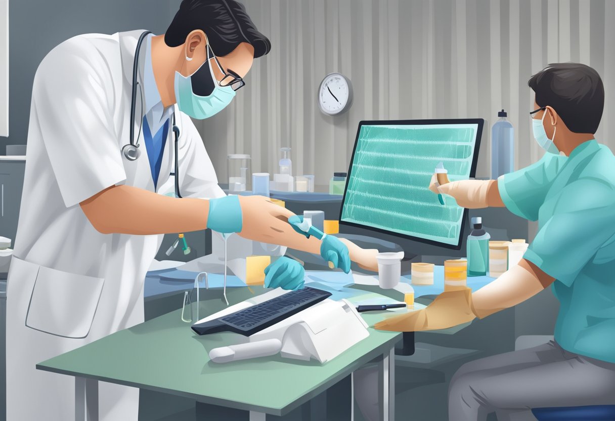 A doctor conducting allergy testing with various tools and equipment in a clinical setting