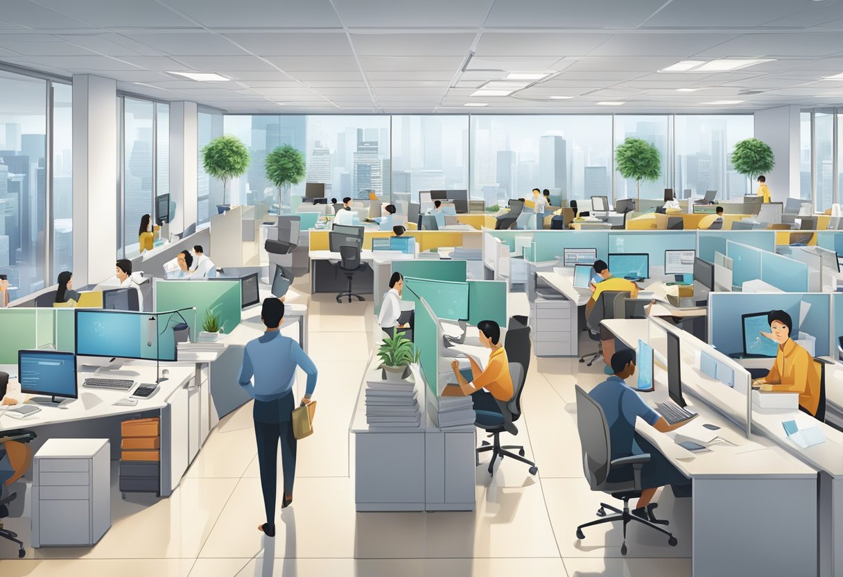 A bustling office with employees seeking information from a large "Frequently Asked Questions" board in a 3M Singapore office