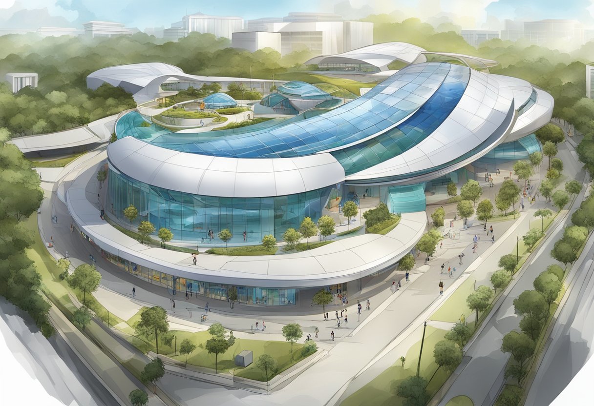 The Singapore Discovery Centre features interactive exhibits, a large outdoor playground, and a futuristic-looking building with a unique architectural design