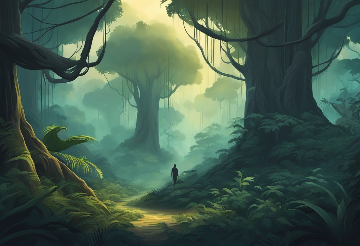 The dark, mysterious Forbidden Forest in Singapore, with towering trees and eerie wildlife, creates an atmosphere of magic and danger