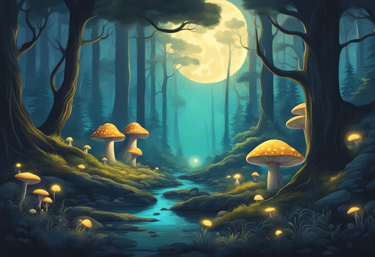 A moonlit forest with towering trees, glowing mushrooms, and mysterious creatures lurking in the shadows
