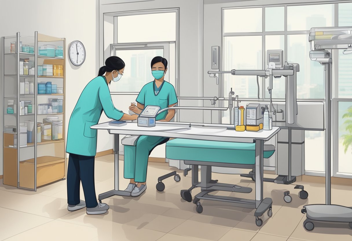 A doctor administers an allergy test to a patient in a clinic in Singapore. Equipment and medical supplies are neatly arranged on a table nearby