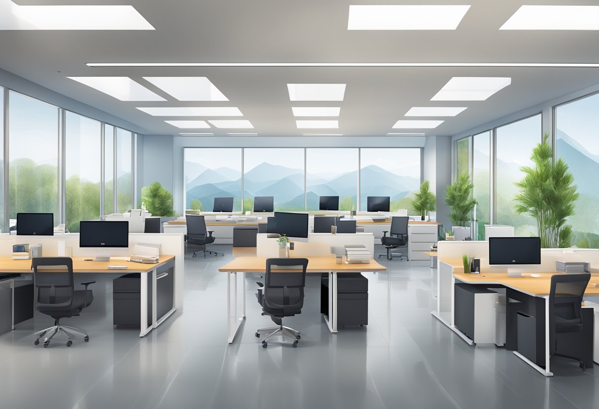A modern office with sleek design, FWD's logo prominently displayed. Bright, open space with innovative technology and a professional atmosphere