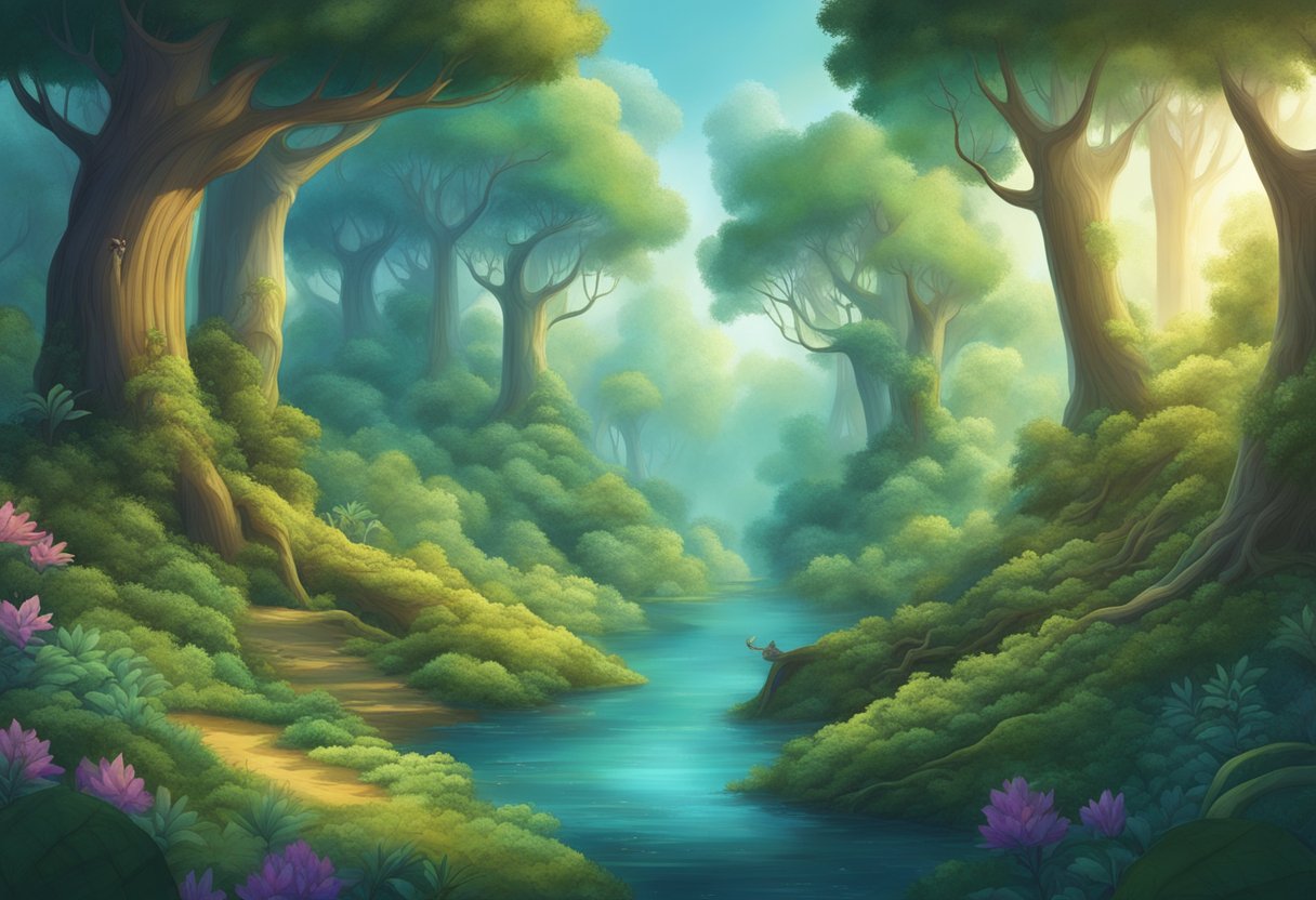 A magical forest with towering trees, mystical creatures, and hidden pathways. The air is filled with a sense of wonder and danger, as if anything could happen at any moment