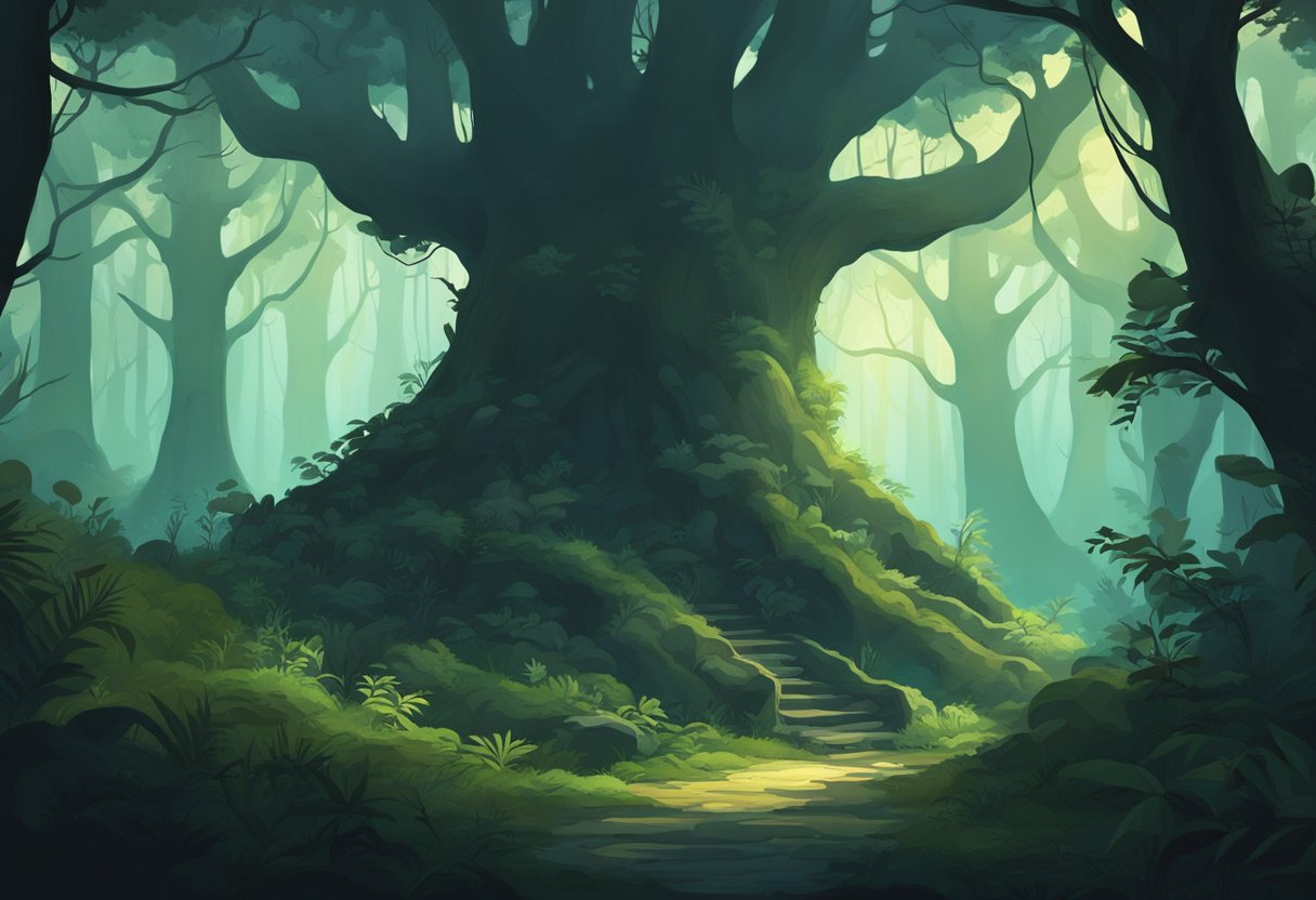 A dense forest with towering trees and mysterious creatures lurking in the shadows, creating an eerie and enchanting atmosphere